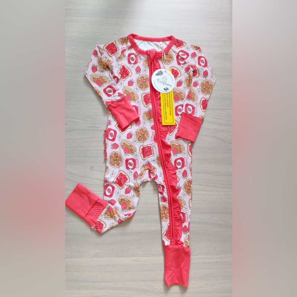 Bamboo Strawberry Jams Ruffle Butt Convertible Zippy Romper